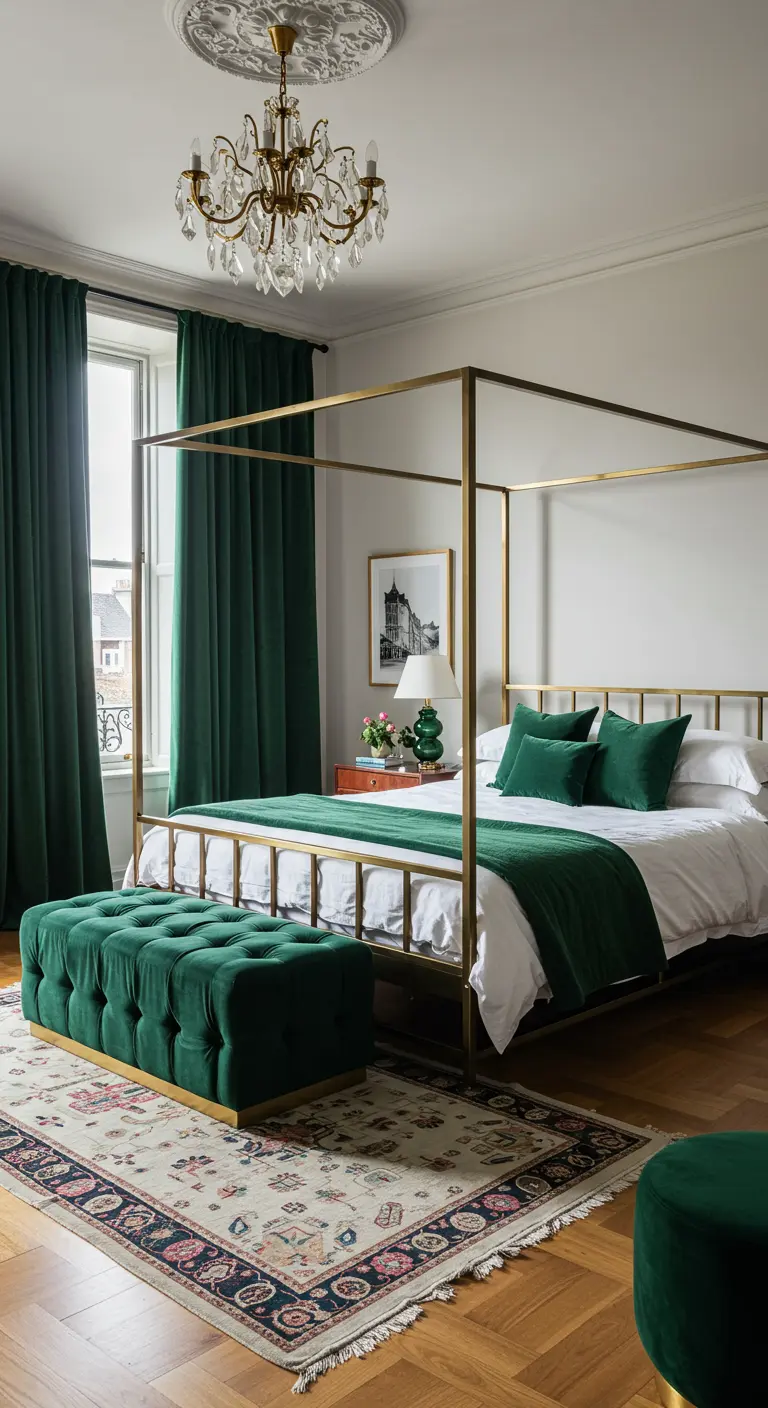 Bedroom with white walls, a brass four-poster bed, and emerald green velvet curtains and bench.