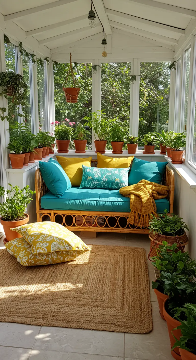 Sunroom with a rattan sofa featuring teal and mustard pillows, surrounded by plants.