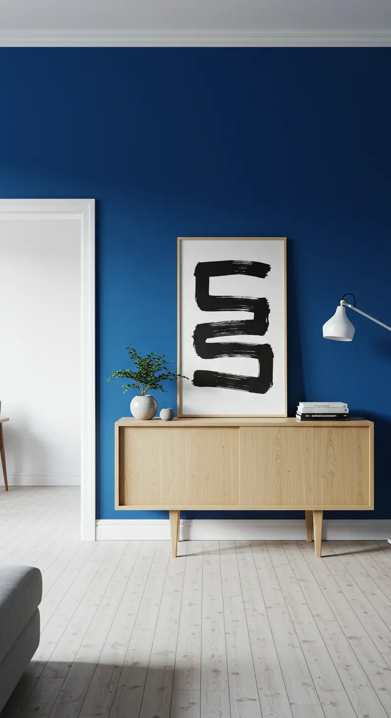 A blue accent wall behind a light oak sideboard with a single piece of black and white art.