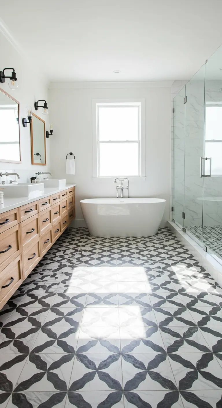 Bathroom with black and white floral tile floor and a long light wood vanity.