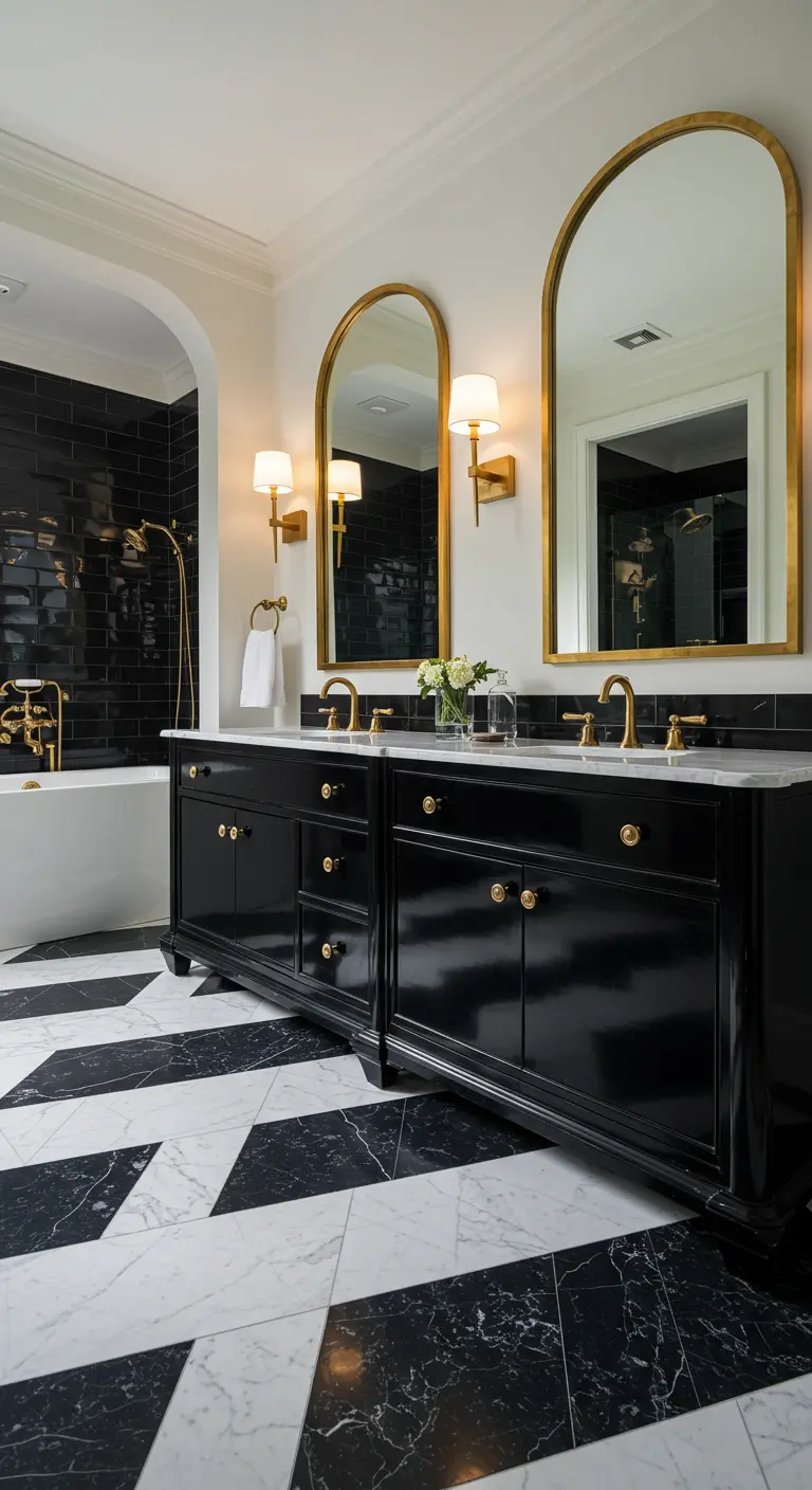 Black double vanity with arched brass mirrors and bold geometric marble flooring.