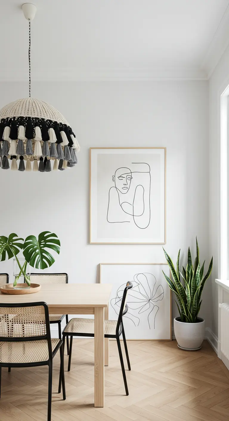 Minimalist dining room with a black and white tassel chandelier and line art.