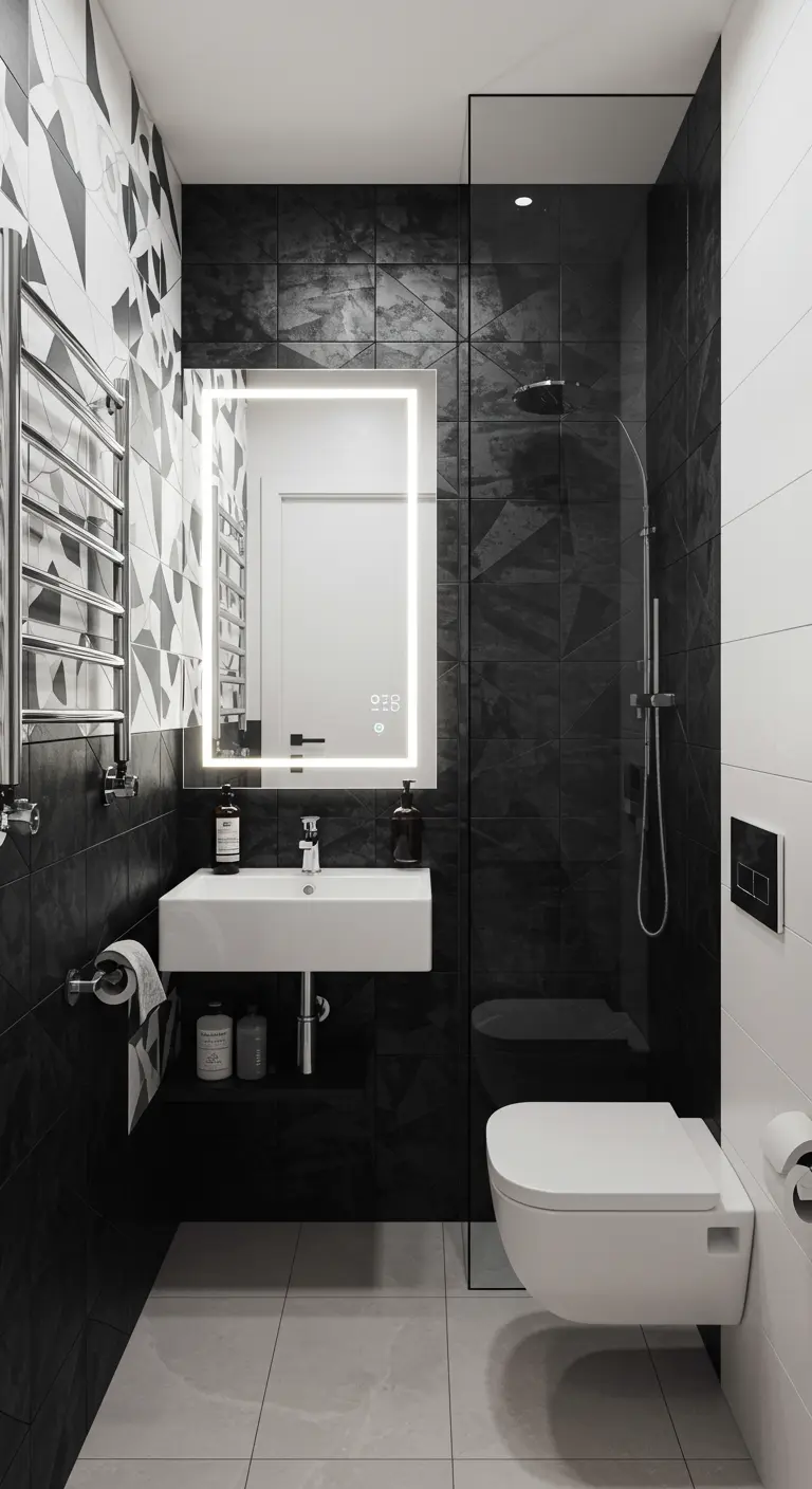 Compact bathroom with bold black and white geometric tile, a floating sink, and an illuminated mirror.