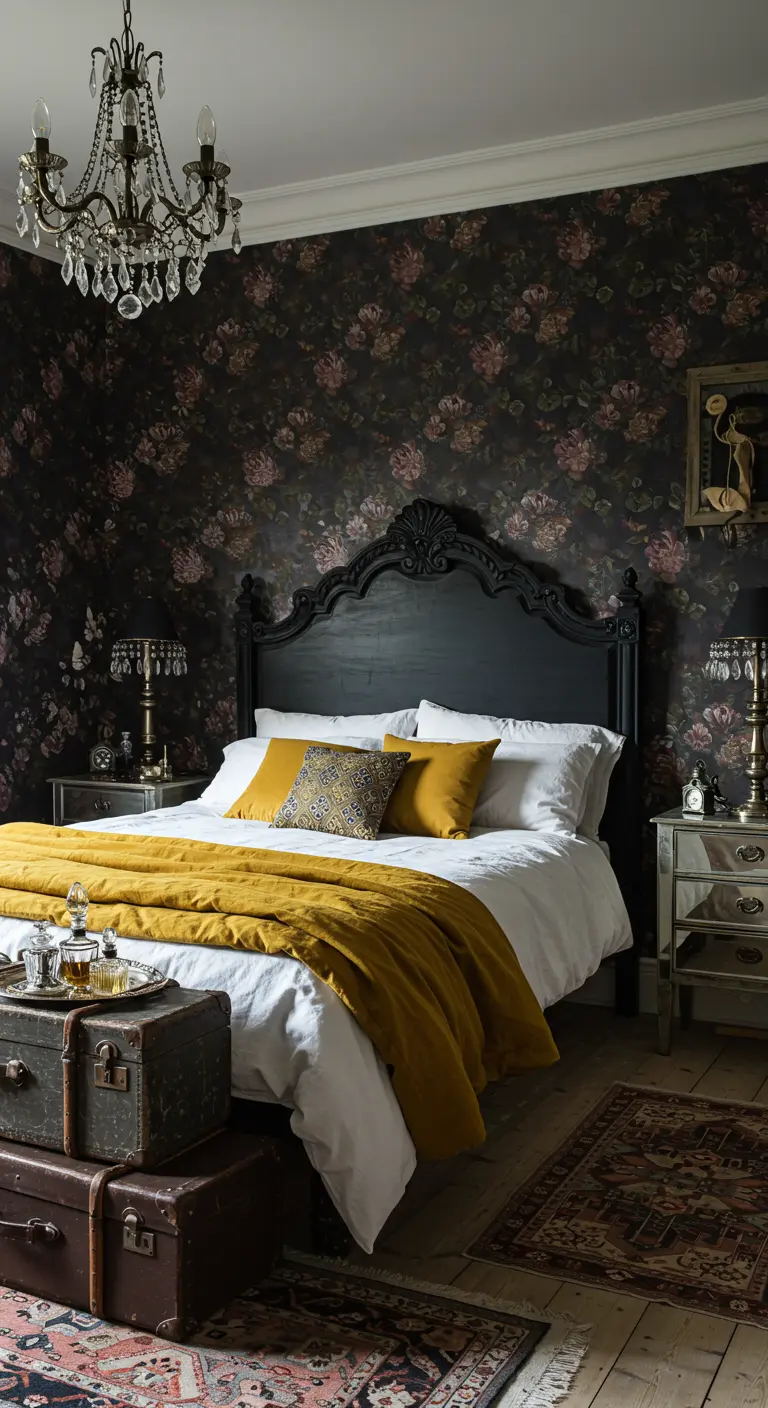 Moody bedroom with dark floral wallpaper, an ornate black headboard, and a mustard yellow throw.