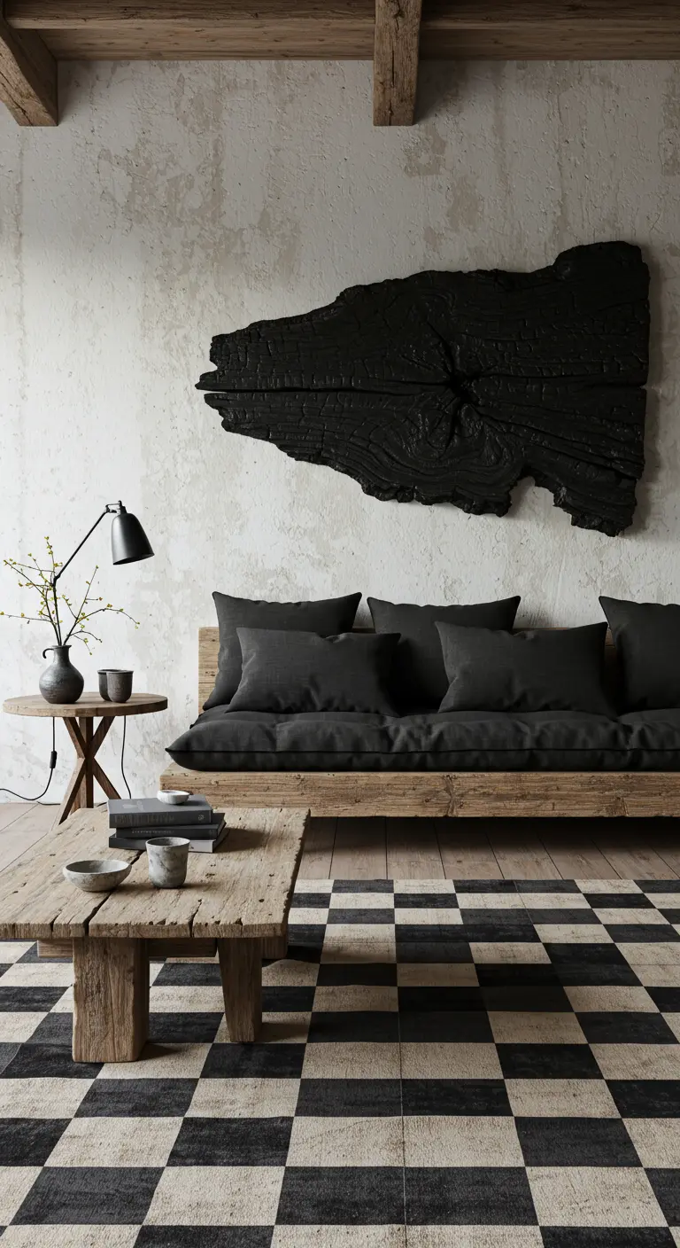 Rustic living room with reclaimed wood furniture, a charred wood art piece, and a checkerboard rug.