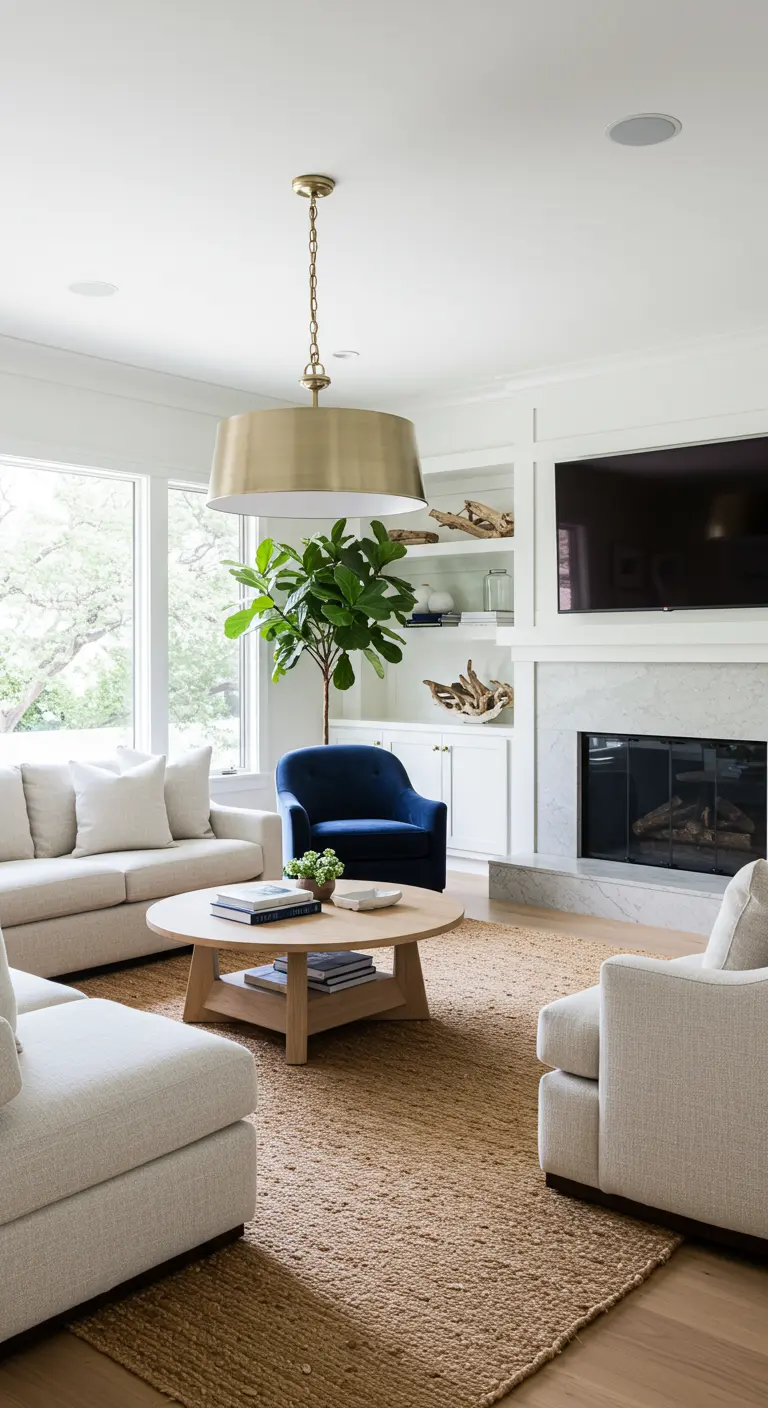 Living room with a jute rug, neutral sofas, and a single navy velvet accent chair.