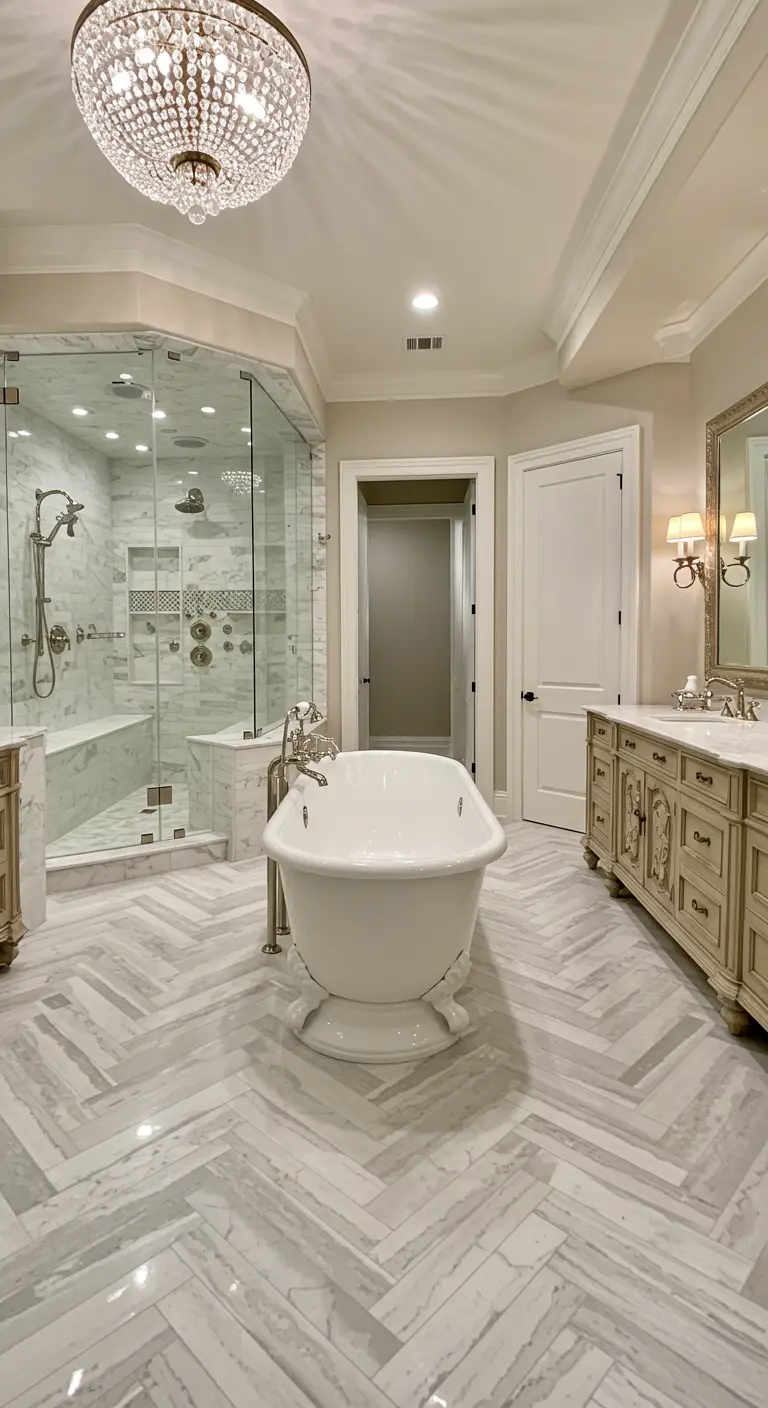 Luxurious bathroom with crystal chandelier, freestanding tub, and herringbone marble floors.
