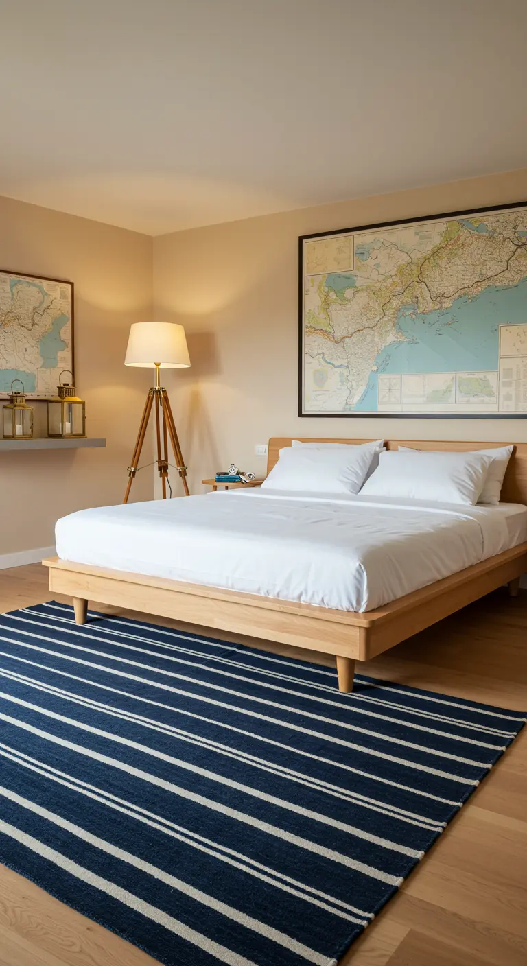 Modern bedroom with a low wood bed, a large coastal map, and a tripod floor lamp.