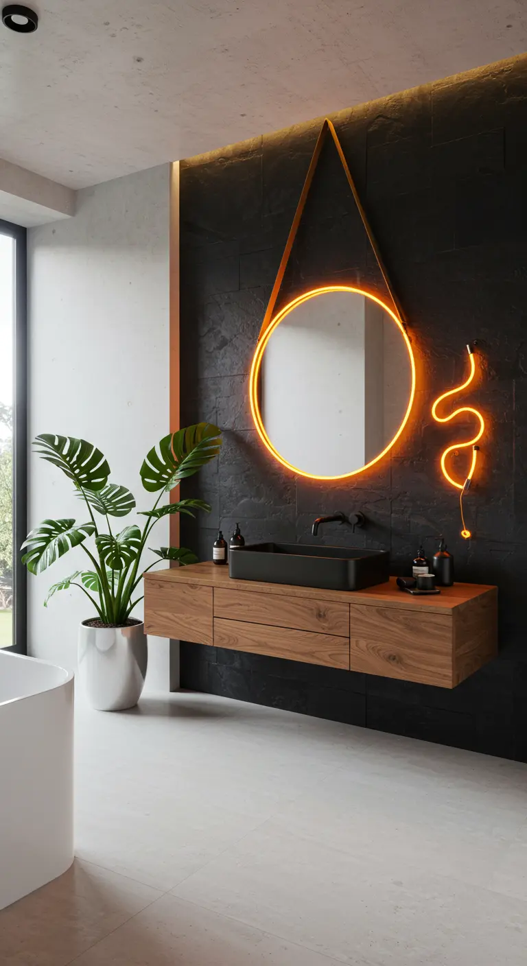 Bathroom with a black slate wall, wood vanity, and a round mirror with orange neon light.