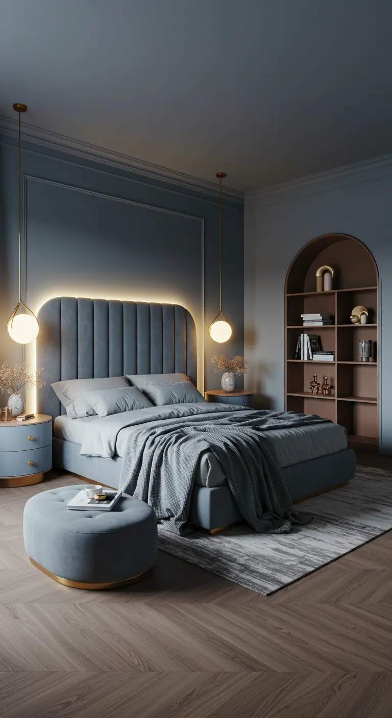 Blue velvet bed with backlit headboard in a room with a terracotta-colored arched bookshelf.