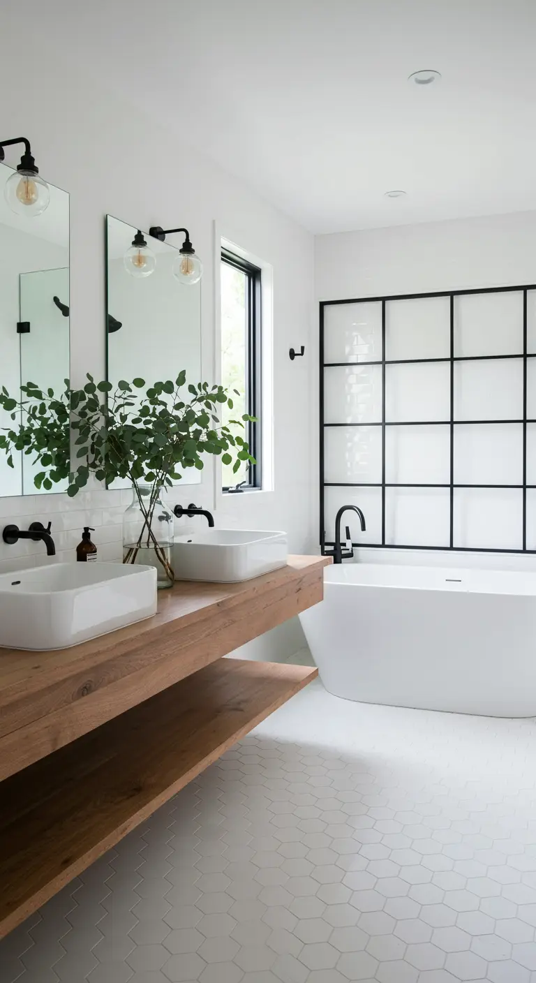 Modern bathroom with a floating wood vanity, white hex tiles, and a black-framed glass shower wall.