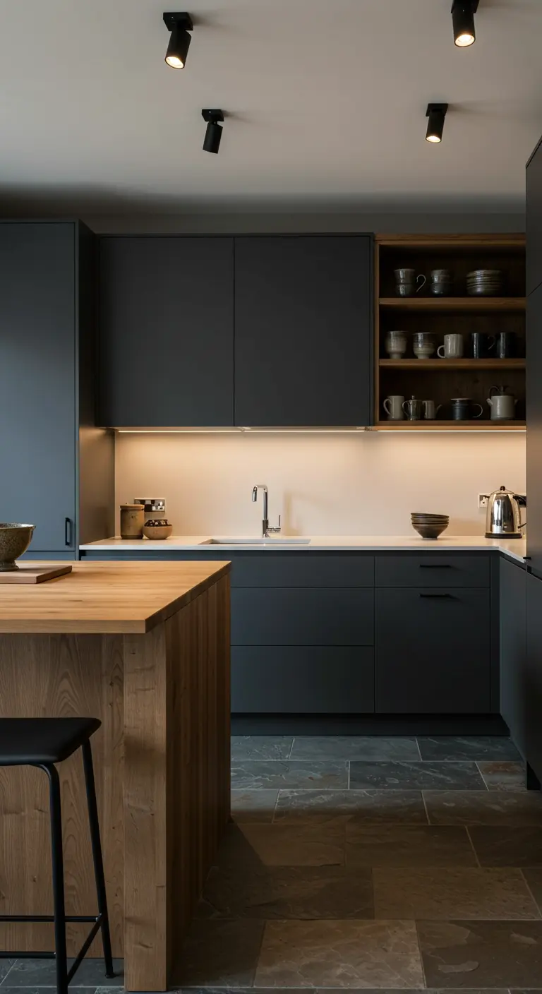 A modern Japandi kitchen with matte black cabinets, a wood island, and slate floors.