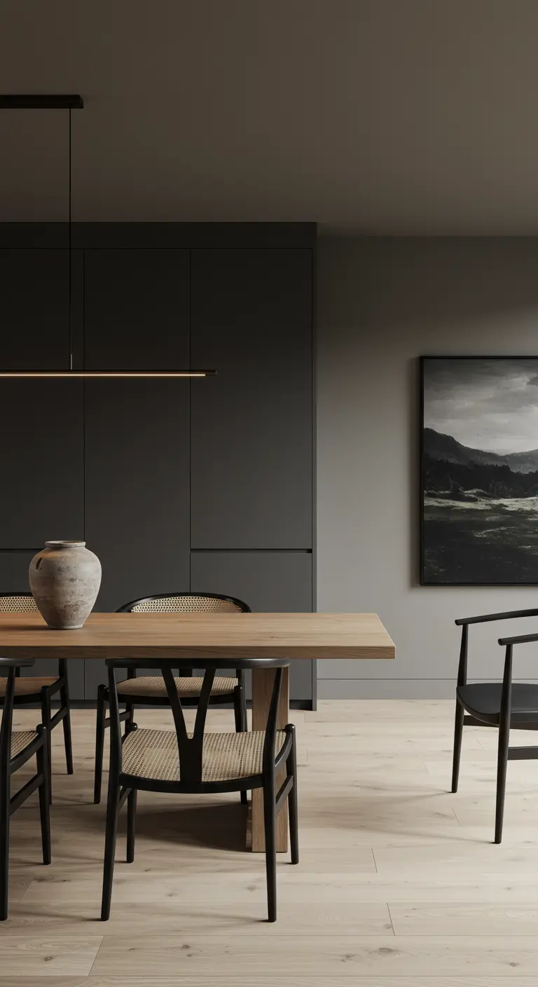 Dark, moody dining room with black cabinetry and a light wood table.