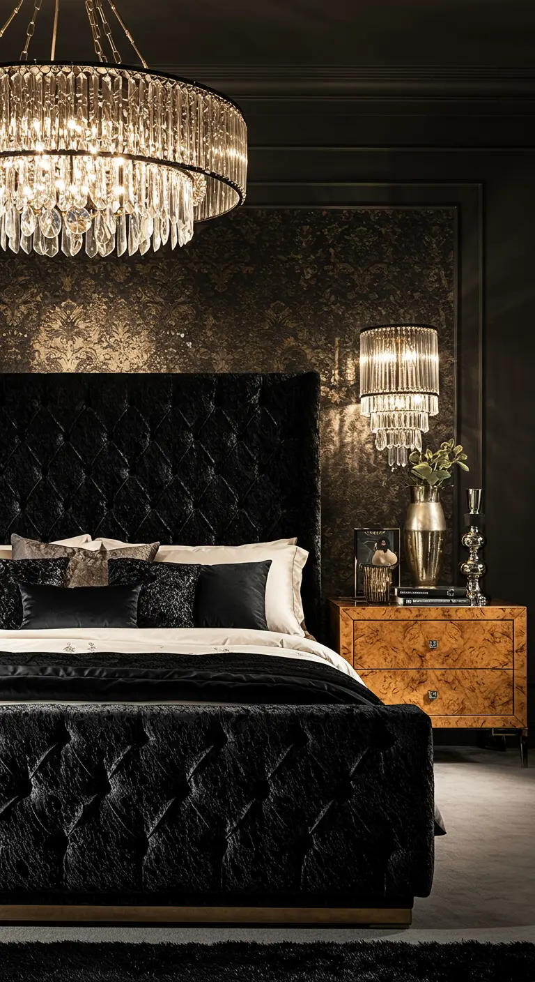 Moody bedroom with a black tufted bed, burl wood nightstand, and a warm-toned crystal chandelier.