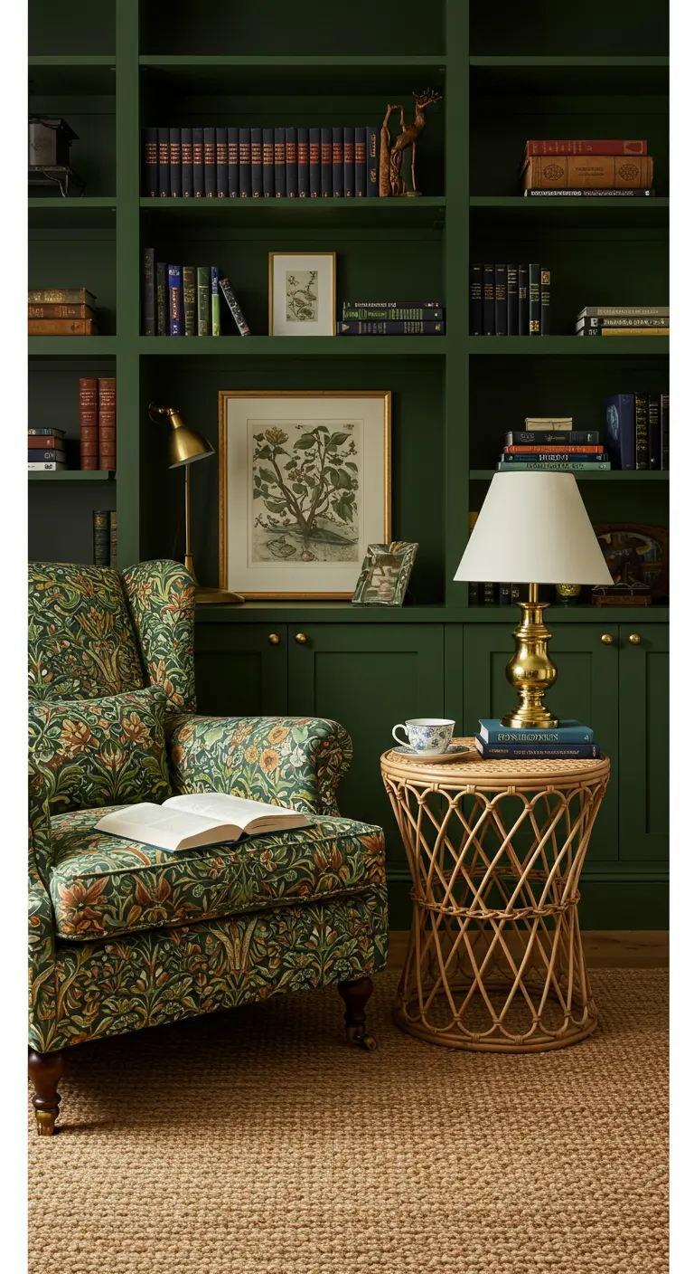 A reading nook with dark green built-in shelves and a floral armchair next to a rattan table.