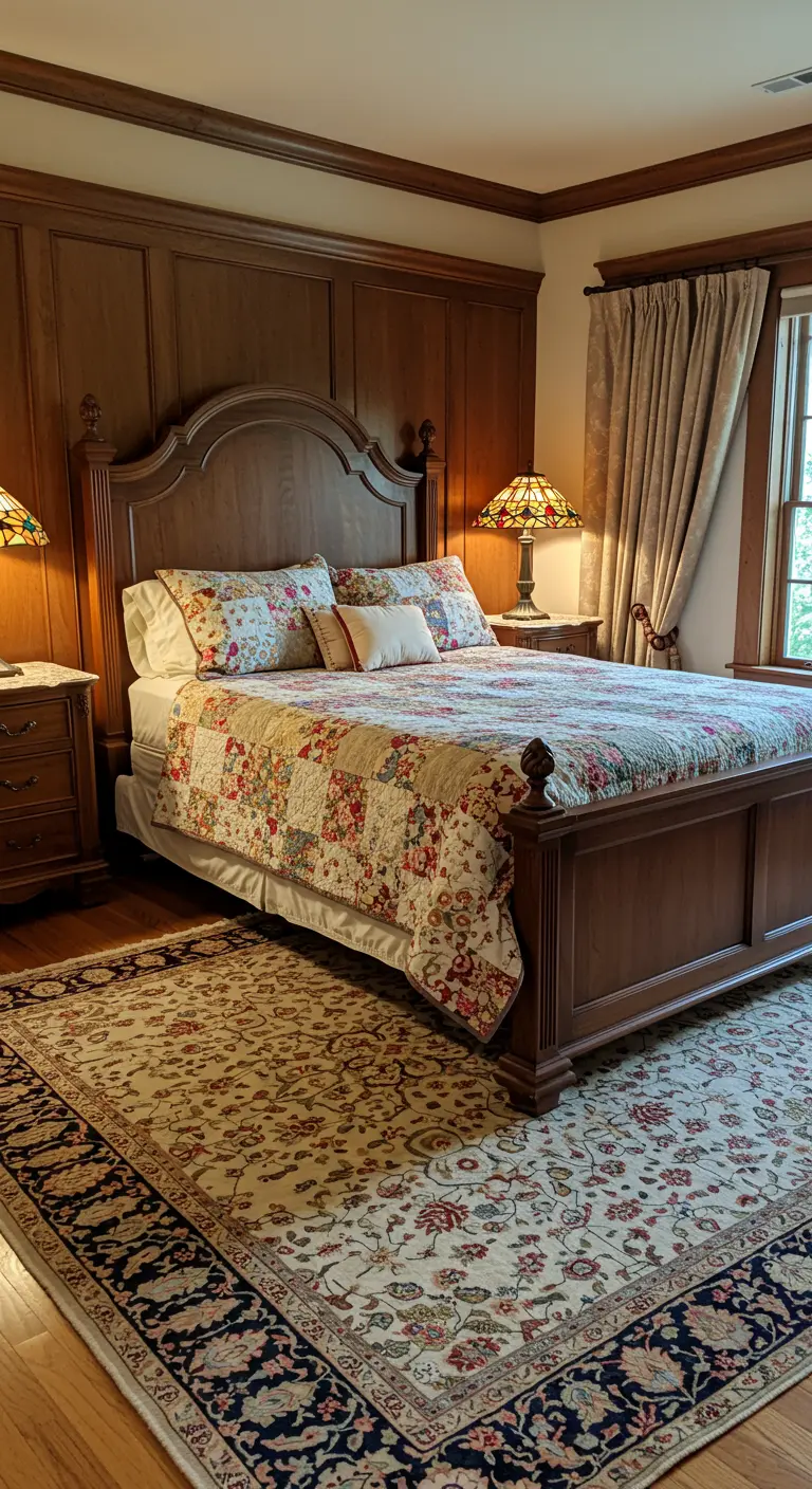 Traditional bedroom with a dark wood bed and paneling, and a light patchwork quilt.