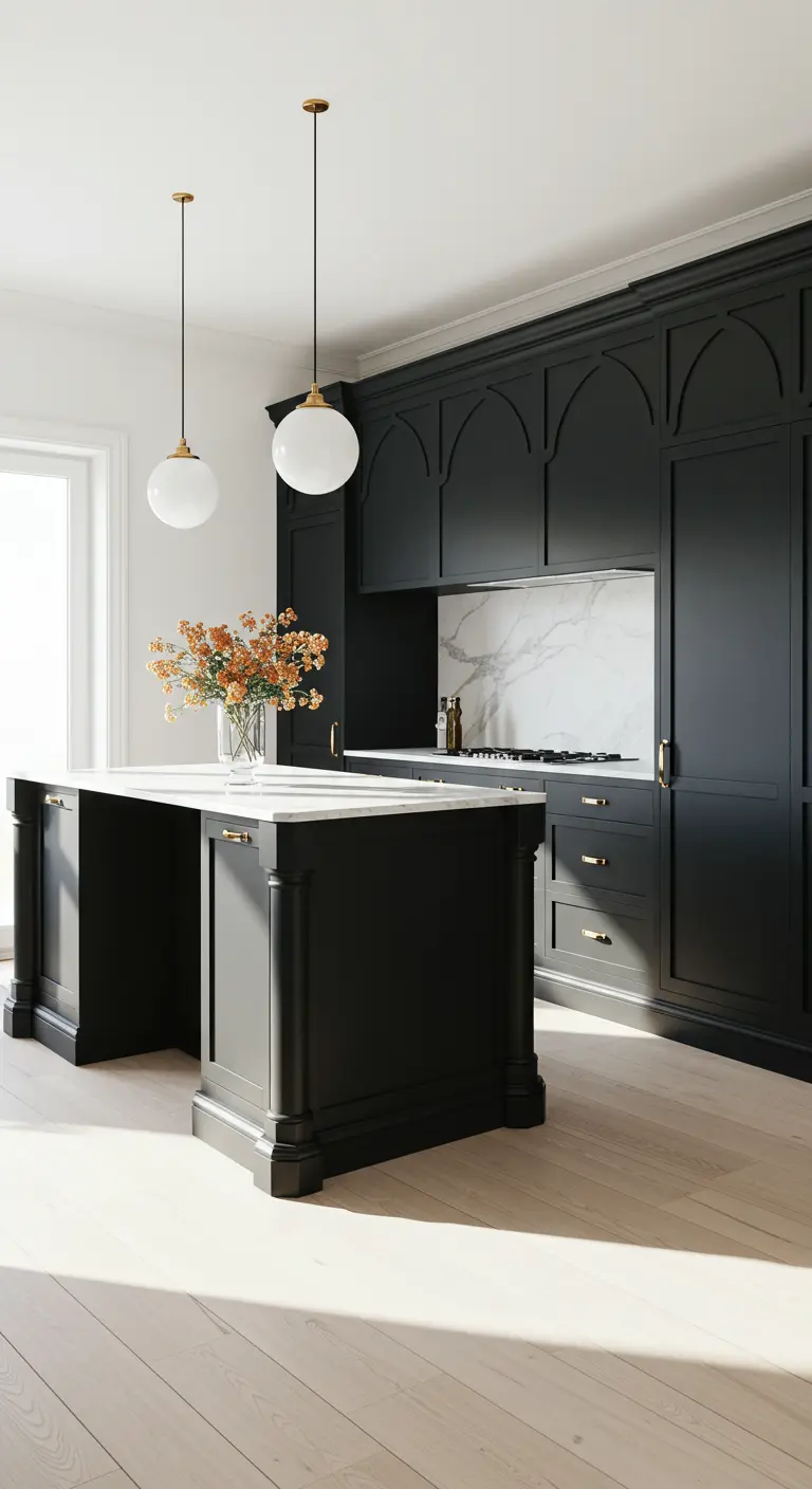 Bright kitchen with black arched cabinets, white marble, and light wood floors.