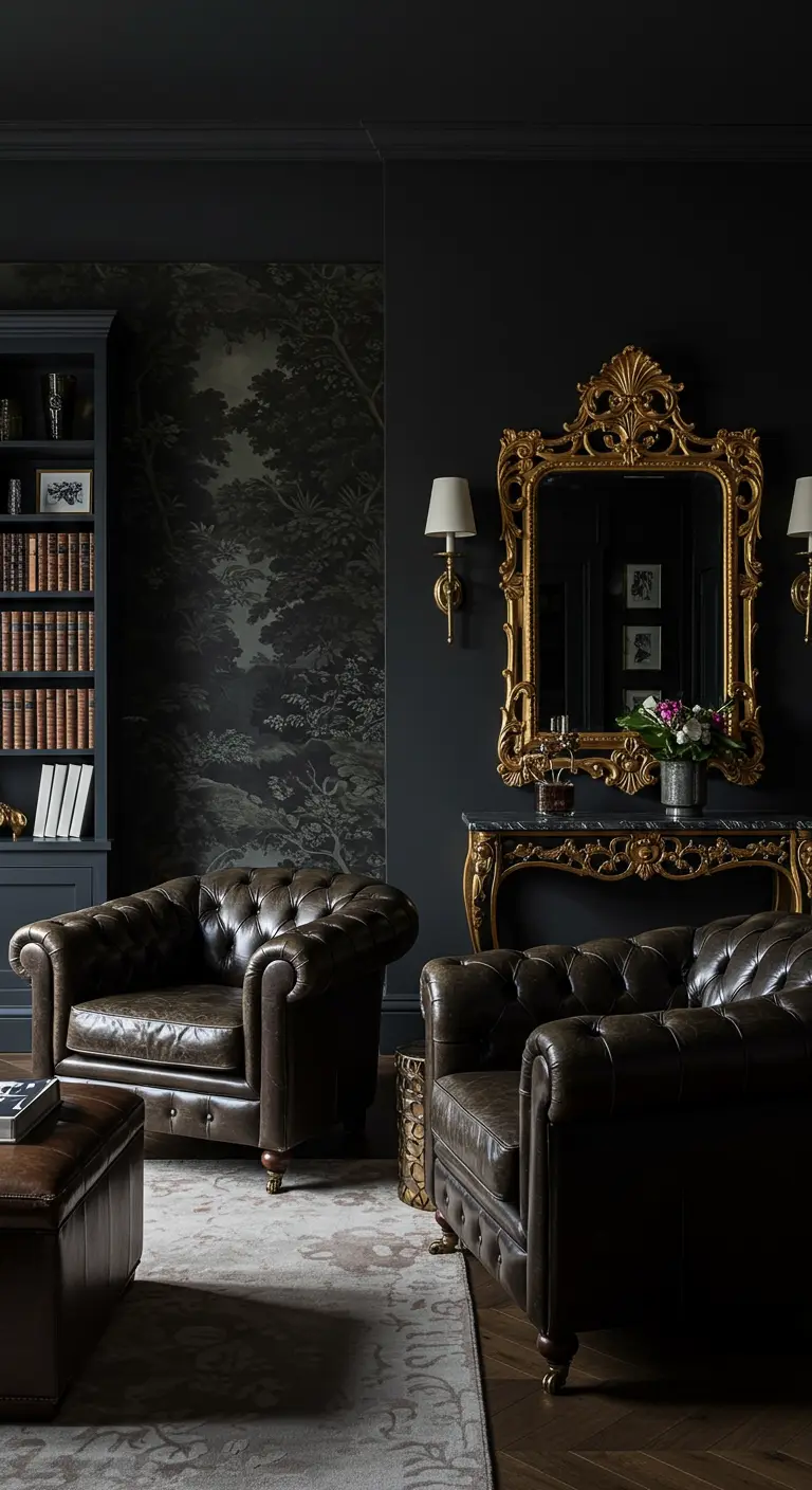 A moody living room with dark walls, a gilded mirror, and two tufted leather armchairs.
