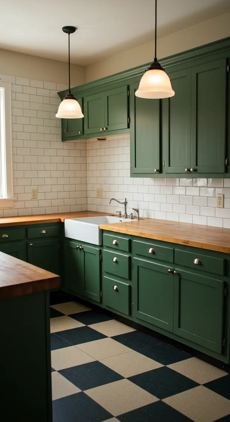 A country-style kitchen with forest green cabinets, wood countertops, and a checkerboard floor.