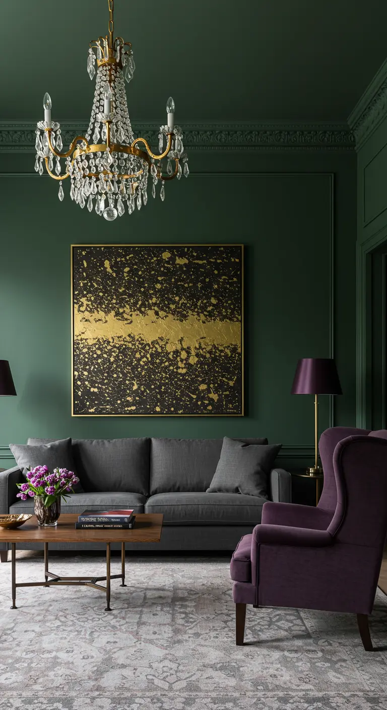 Modern living room with dark green walls, a large gold-splatter artwork, and a plum armchair.
