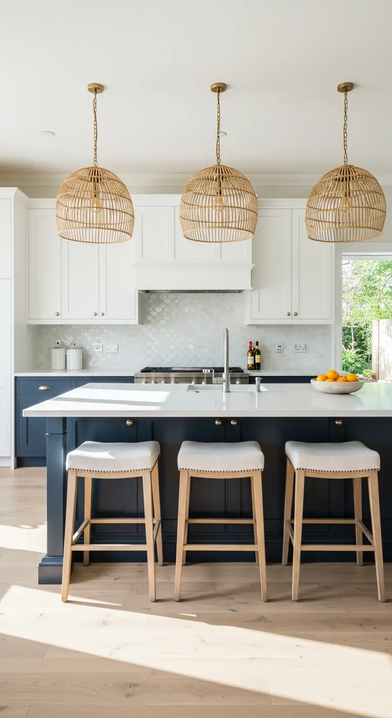 Coastal kitchen with a navy island, white cabinets, and three large rattan pendant lights.