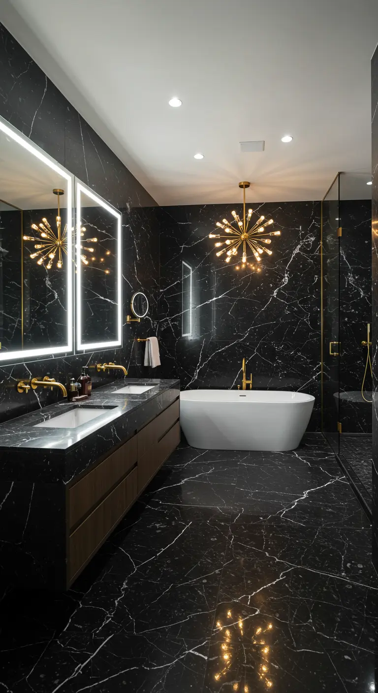 Black marble bathroom with a wood vanity, sputnik chandelier, and backlit mirrors.