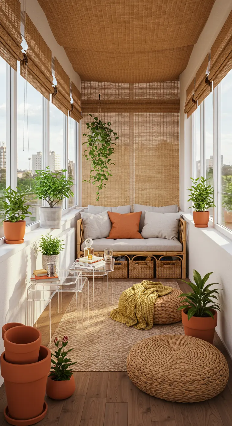 Sun-filled balcony with rattan sofa, woven poufs, and clear acrylic nesting tables.