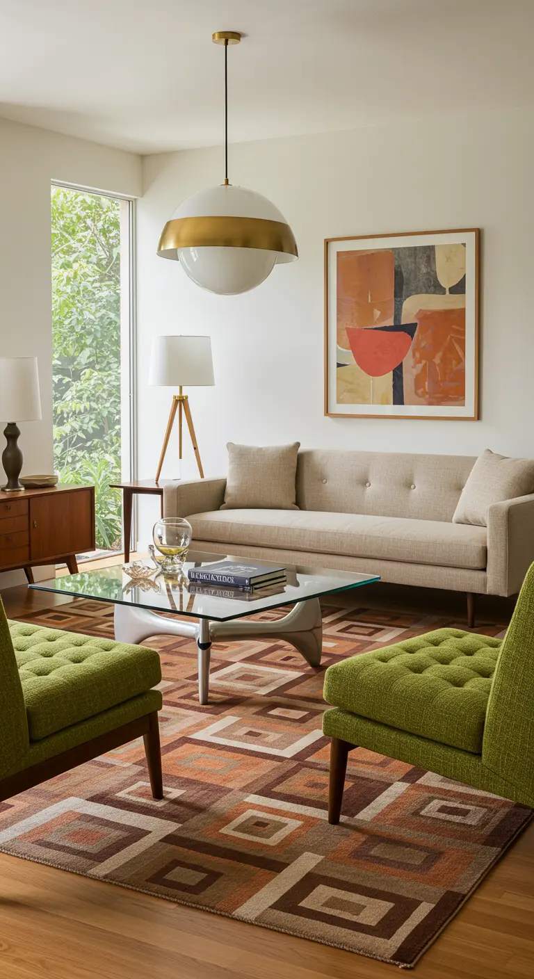 Living room with olive green chairs, a neutral sofa, and a large dome pendant light.