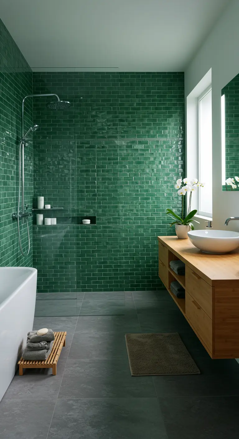 A modern bathroom with emerald green subway tile, a floating wood vanity, and grey floors.