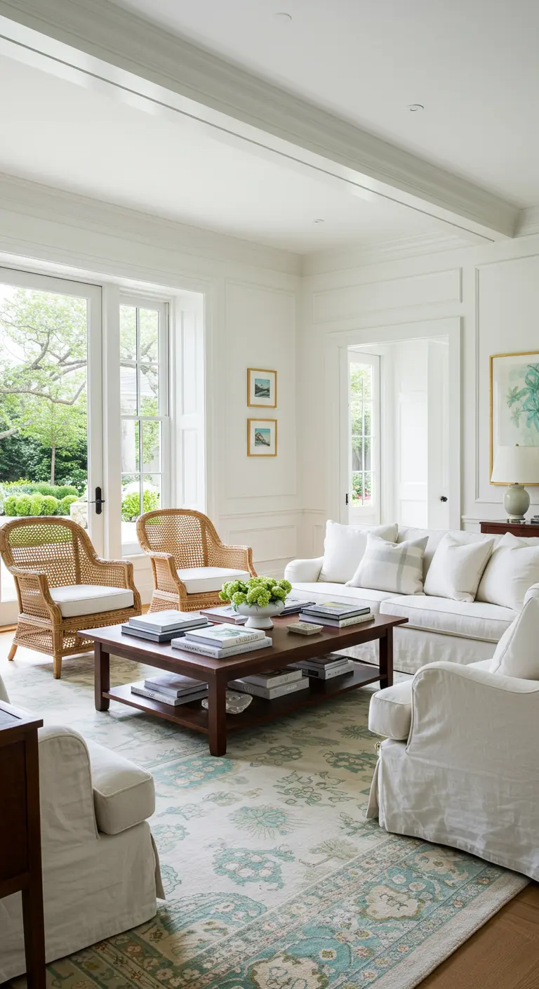 Traditional living room with white sofas, wicker chairs, and a green patterned area rug.