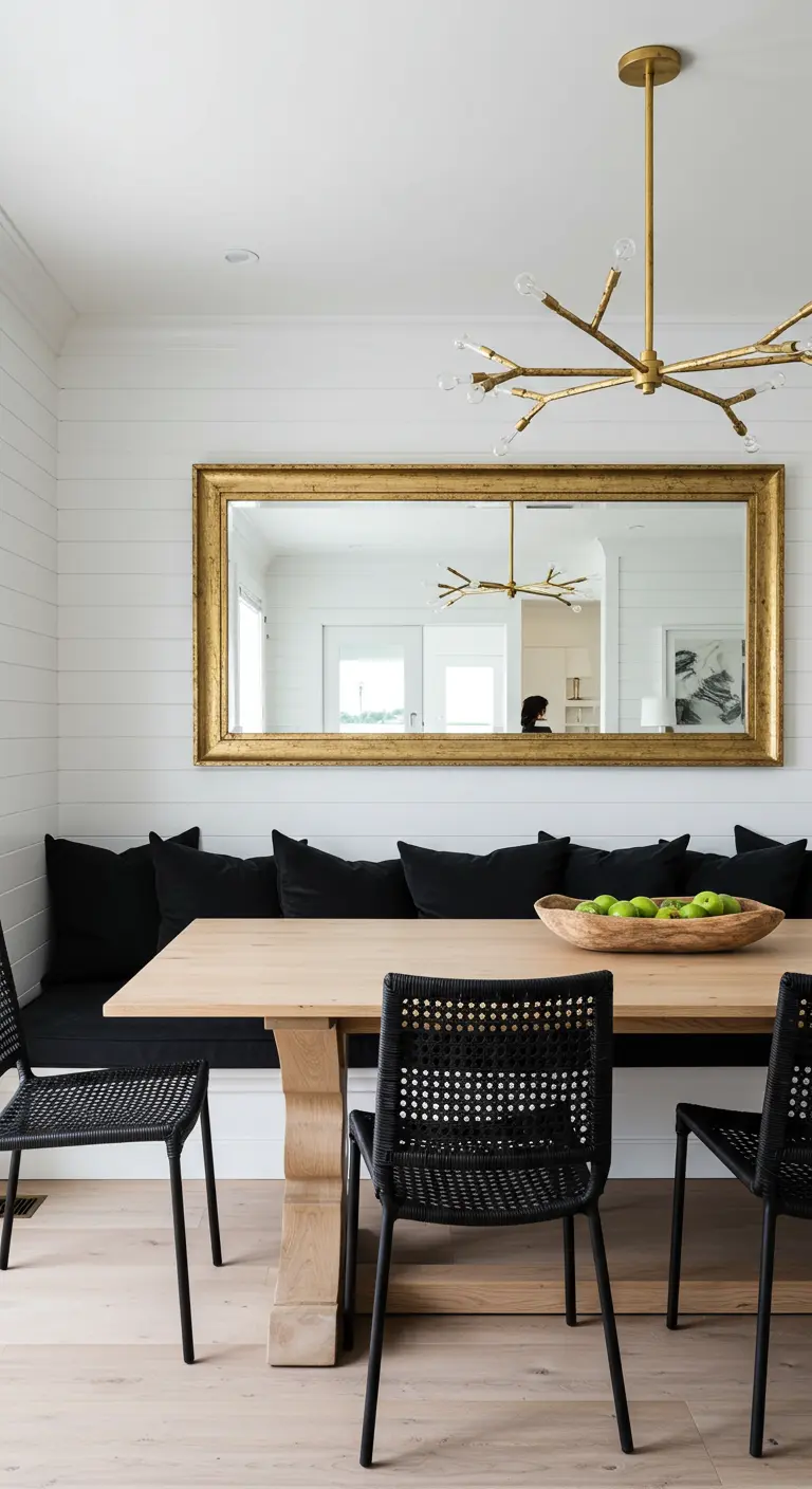 Dining area with a large gold mirror over a banquette, a wood table, and woven chairs.