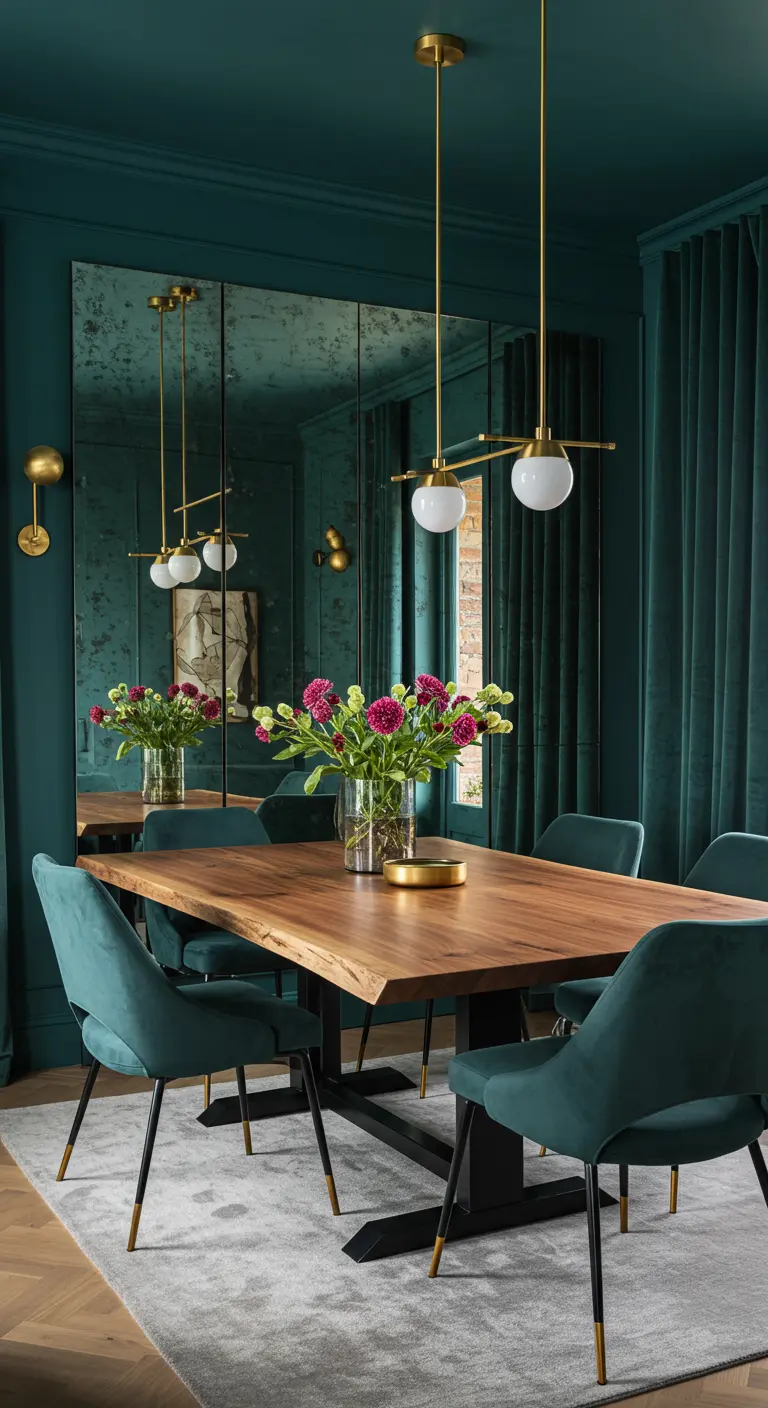 Teal dining room with a live-edge wood table and antiqued mirror wall.