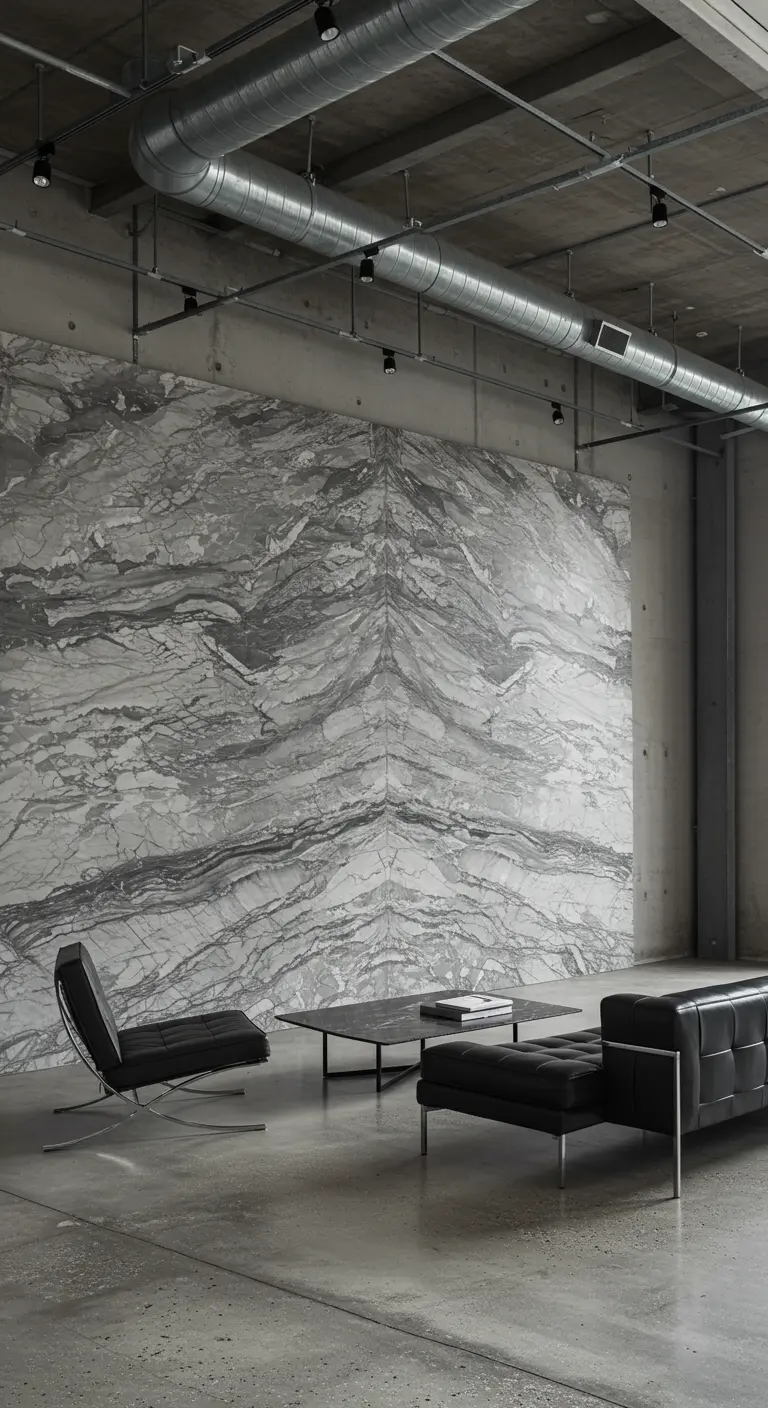 Vast loft with bookmatched gray marble wall and classic black leather and chrome lounge chairs.