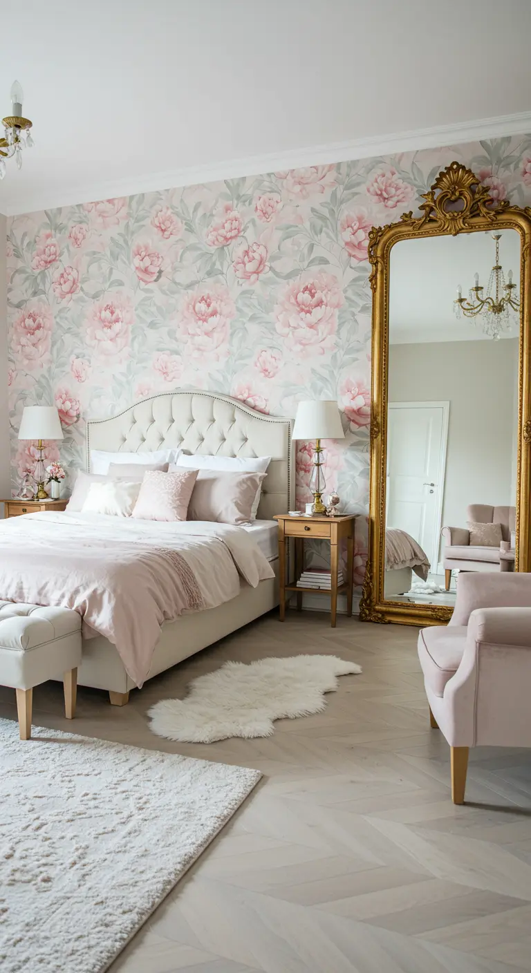 Bedroom with pink peony wallpaper, a tufted cream headboard, and a large, ornate gold floor mirror.