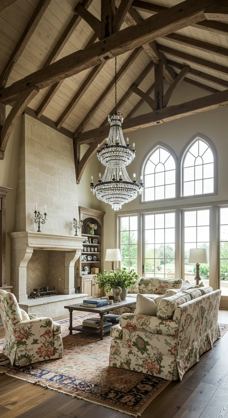 French country living room with vaulted ceiling, stone fireplace, and tiered crystal chandelier.