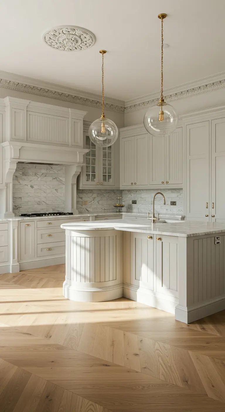 Elegant white neoclassical kitchen with herringbone floors and large globe pendant lights.