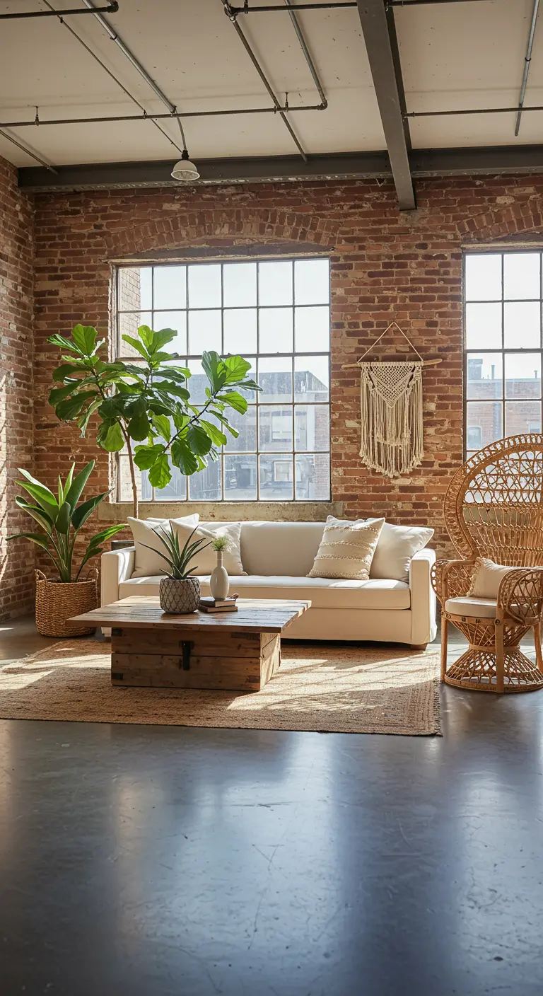 Industrial loft living room with exposed brick, a large plant, and a wicker peacock chair.