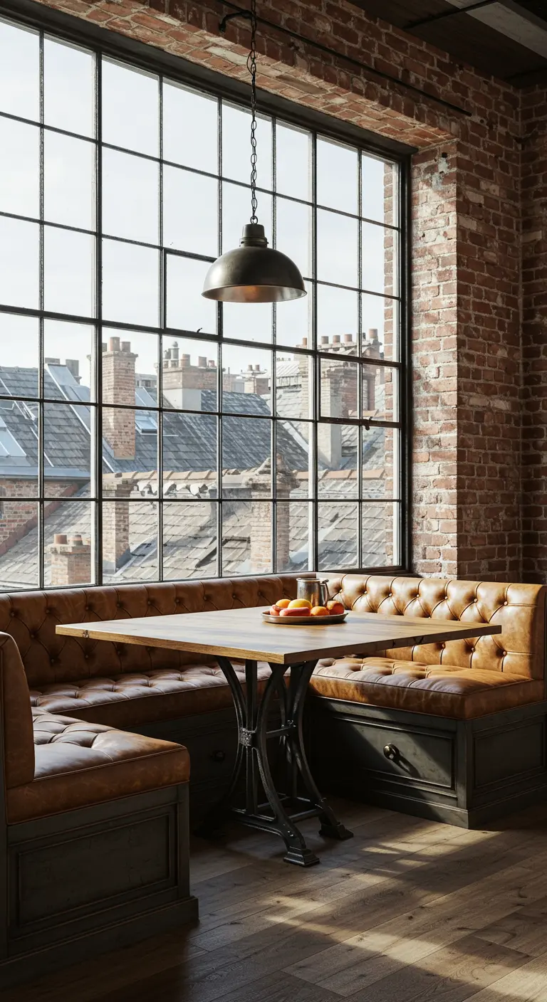 An industrial loft breakfast nook with a tufted leather banquette and exposed brick wall.