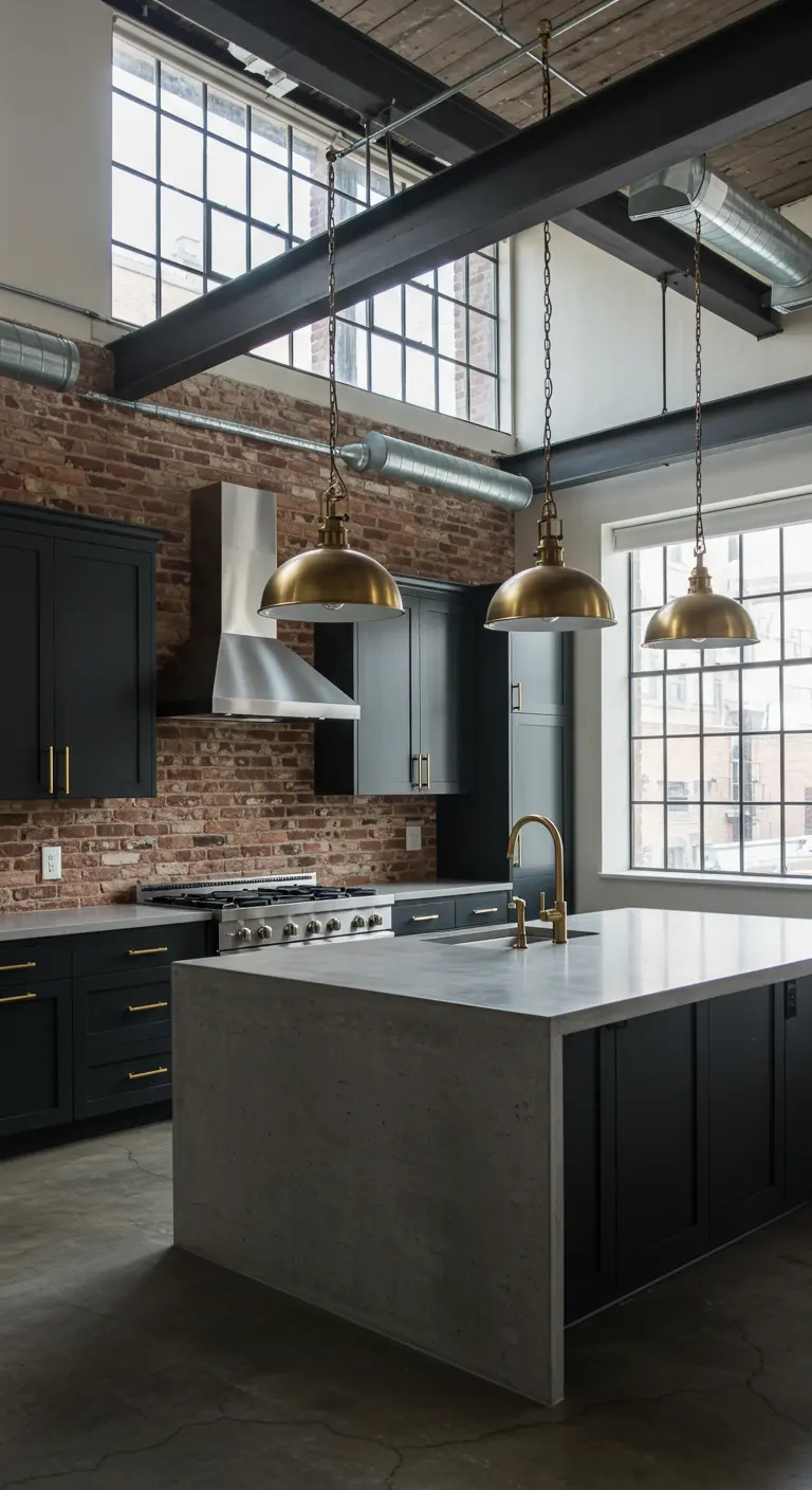 Industrial loft kitchen with high ceilings, exposed brick wall, ebony cabinets, and brass pendants.