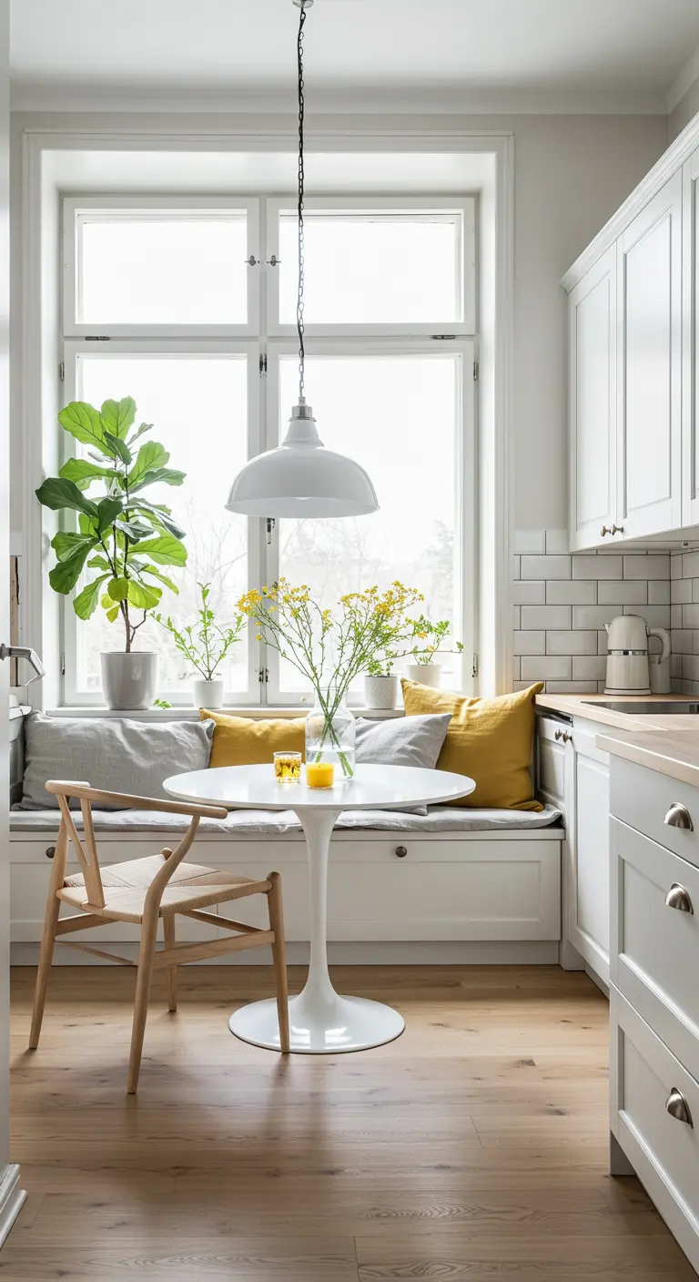 White Scandinavian kitchen with a window seat, tulip table, and yellow pillows.