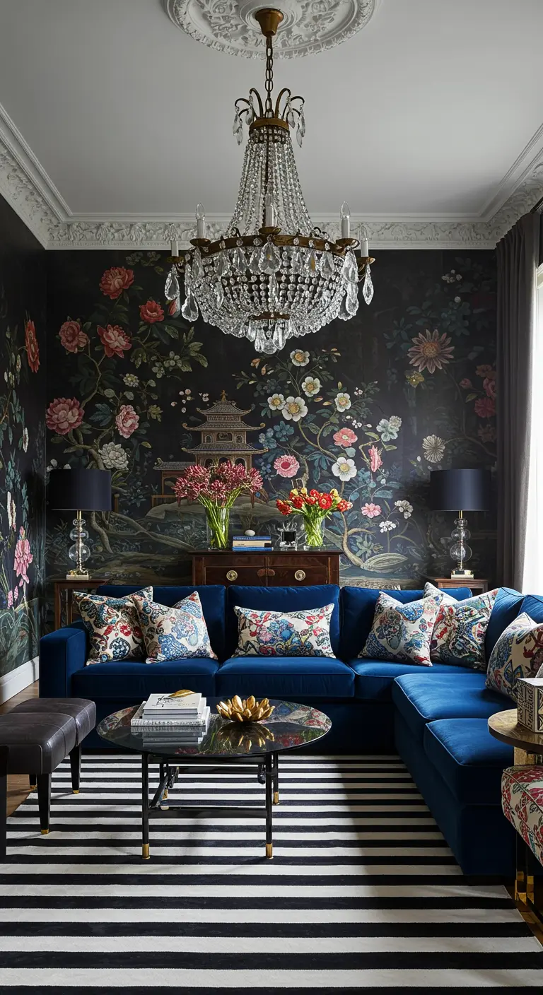 Blue velvet sectional on a striped rug with floral chinoiserie wallpaper.