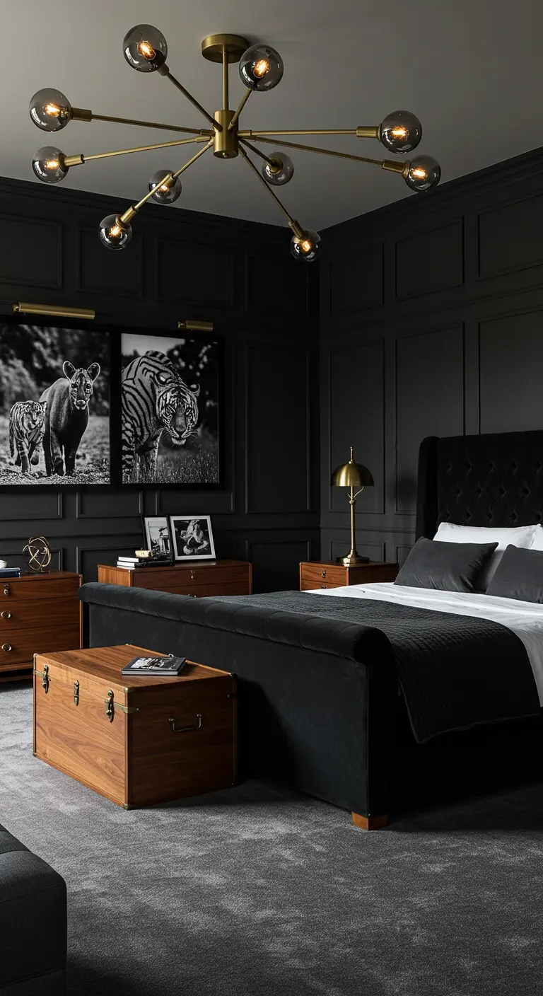 Dark bedroom with black paneled walls, a sleigh bed, and a Sputnik chandelier.