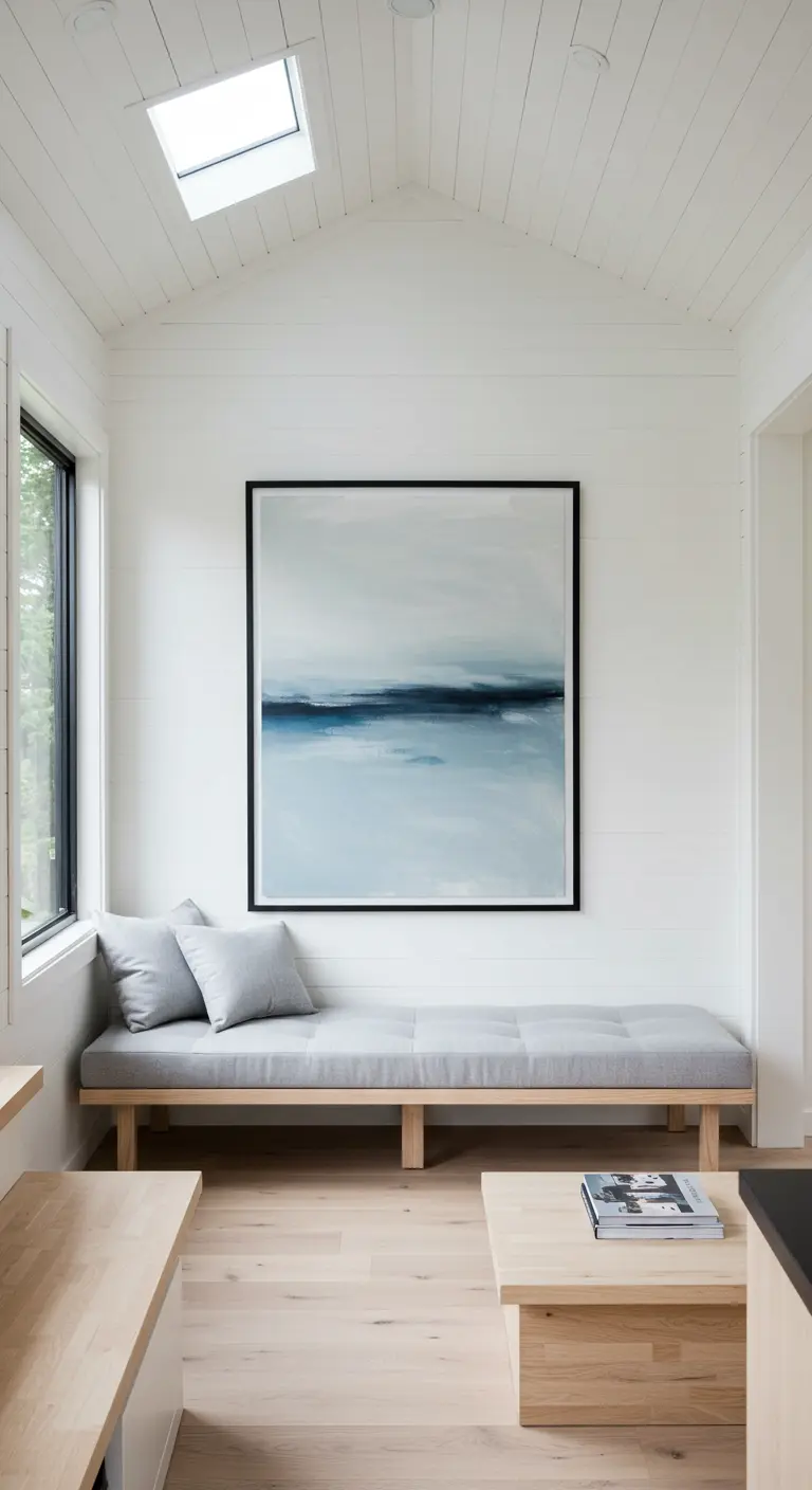A large abstract seascape painting hangs over a simple gray daybed in a white room.