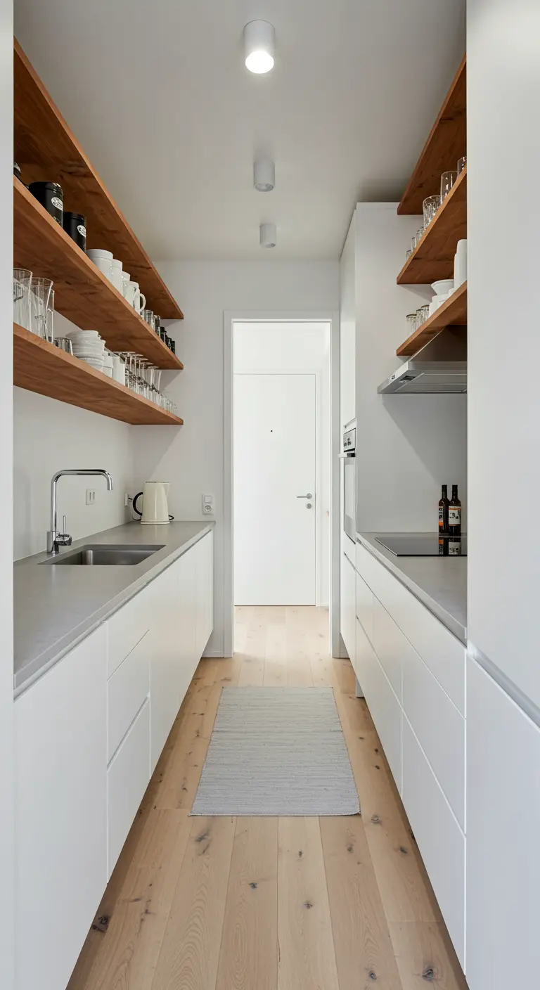 Minimalist galley kitchen with white cabinets and warm wood open shelving.