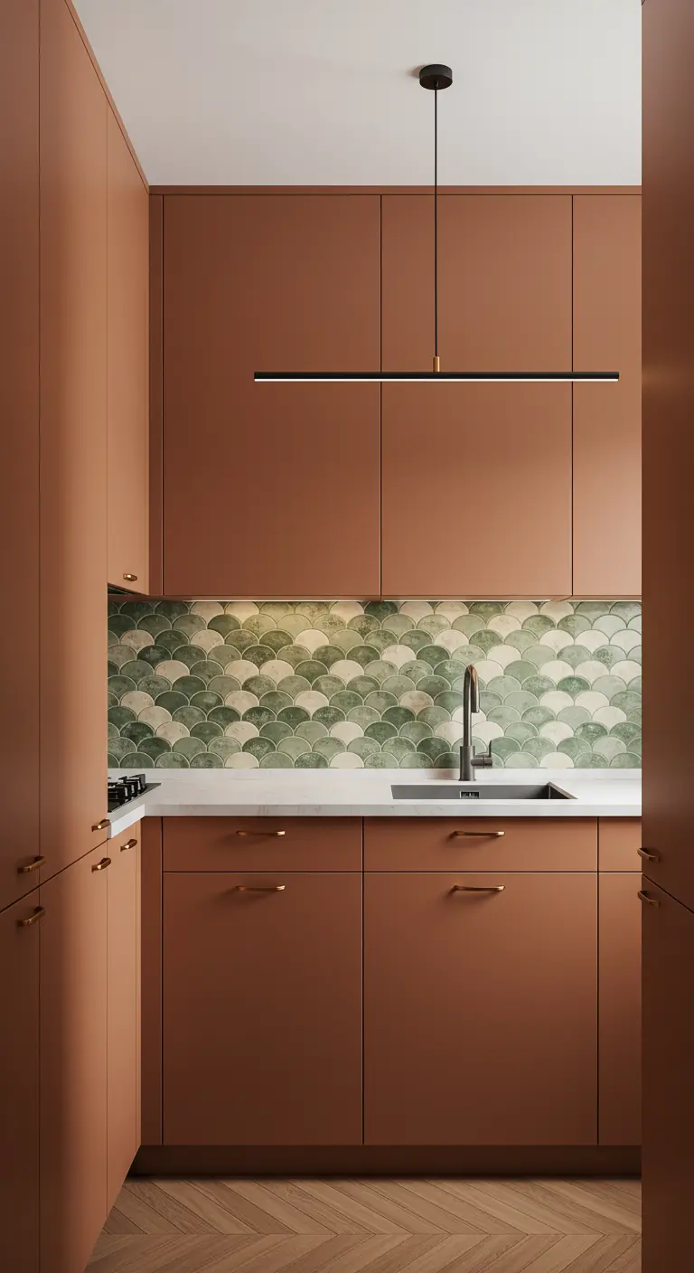 Galley kitchen with terra cotta cabinets and a green scalloped tile backsplash.