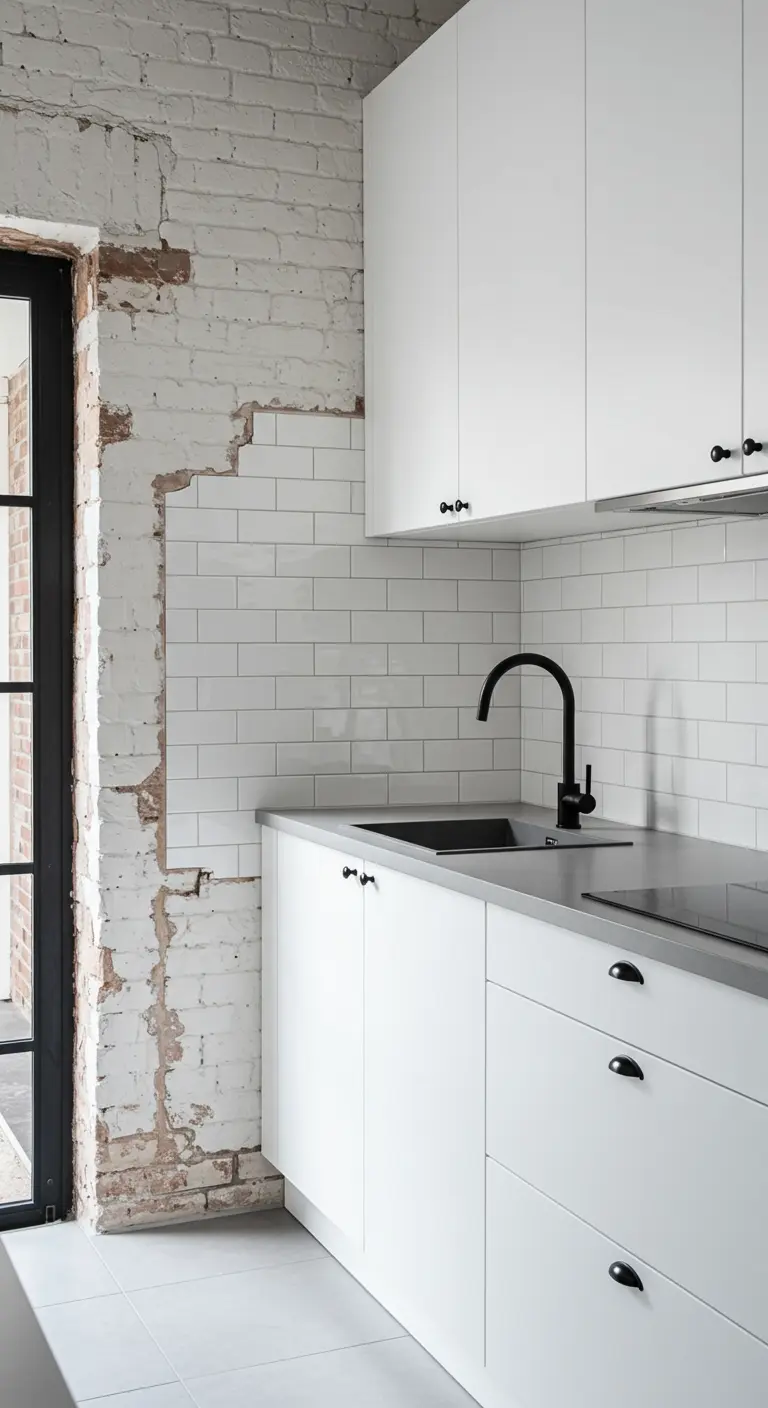 White kitchen cabinets set against a distressed, exposed brick wall with black hardware.
