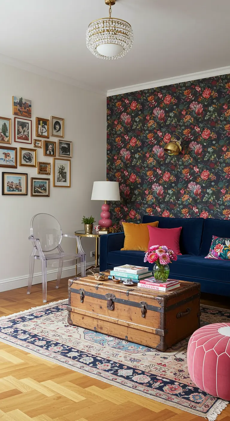 Living room with a dark floral wallpaper accent wall, a navy sofa, and a vintage trunk coffee table.