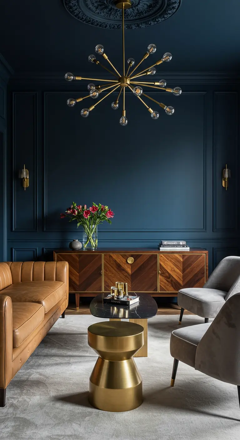 A moody dark blue living room with a brass sputnik chandelier and a leather sofa.