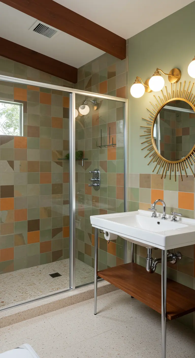 Mid-century bathroom with green and orange tiles and a gold sunburst mirror.