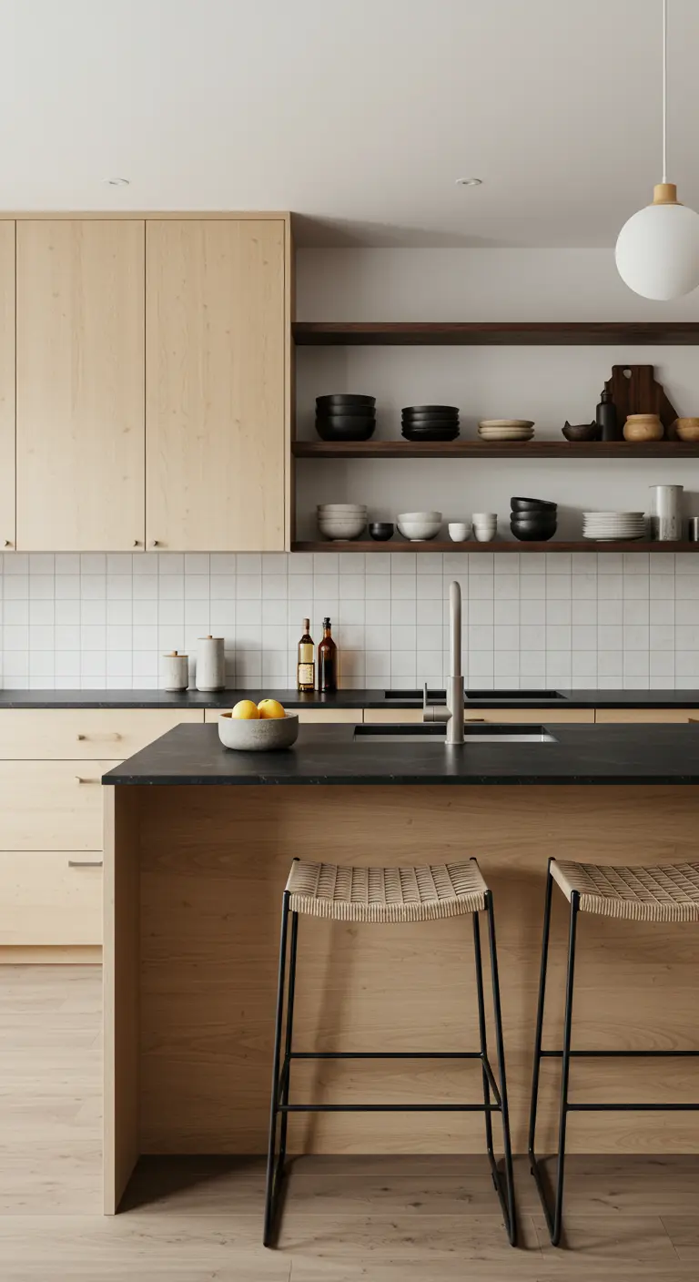 Japandi kitchen with light wood cabinets, black counters, and open shelves.